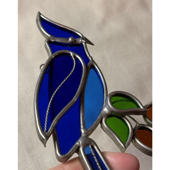 Vintage Stained Glass Blue Bird Suncatcher Cobalt Blue Green Leaves 6x3 - Picture 4 of 9